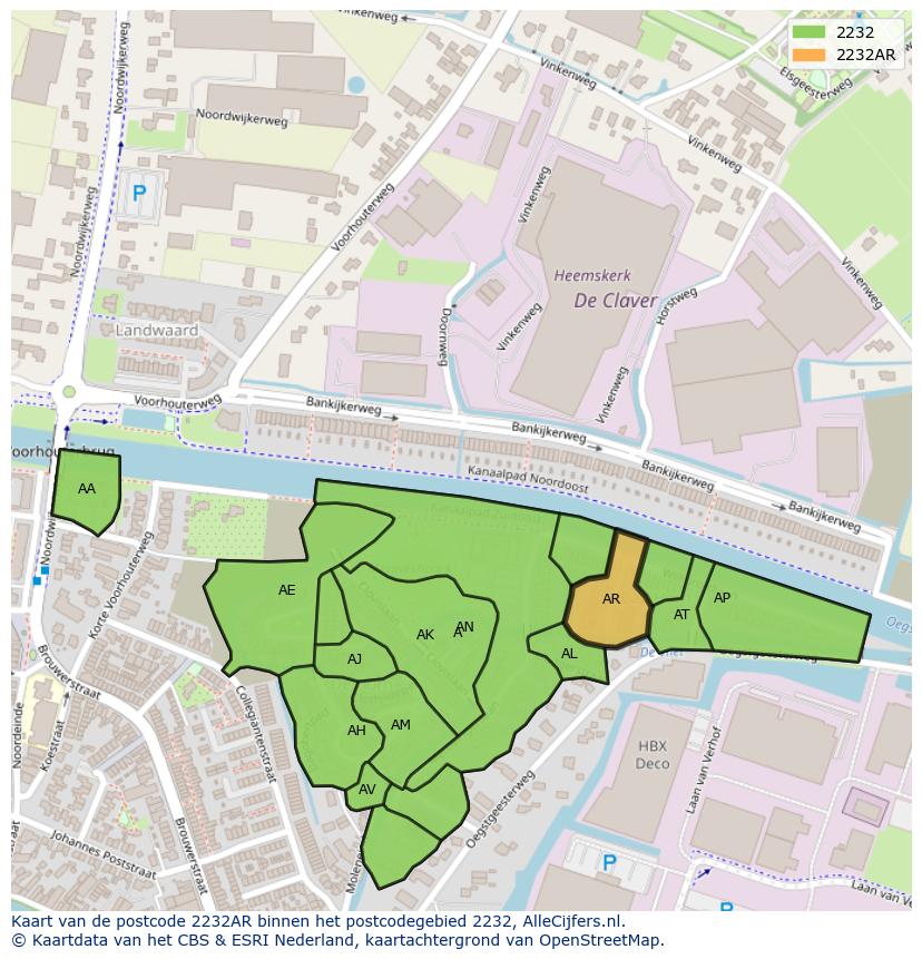 Afbeelding van het postcodegebied 2232 AR op de kaart.