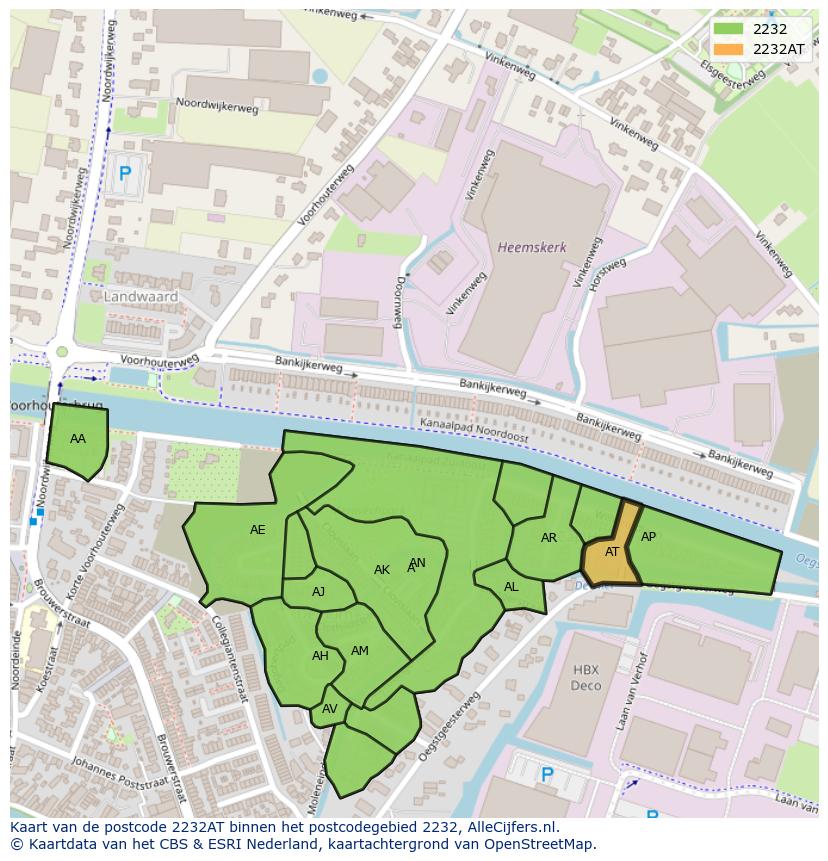 Afbeelding van het postcodegebied 2232 AT op de kaart.