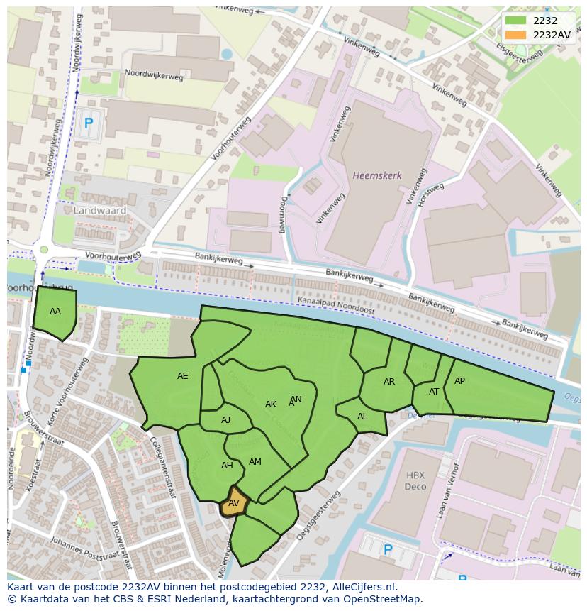 Afbeelding van het postcodegebied 2232 AV op de kaart.