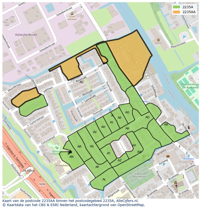 Afbeelding van het postcodegebied 2235 AA op de kaart.
