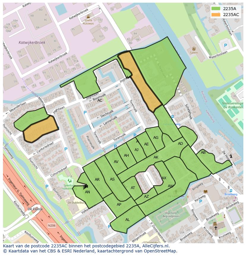 Afbeelding van het postcodegebied 2235 AC op de kaart.
