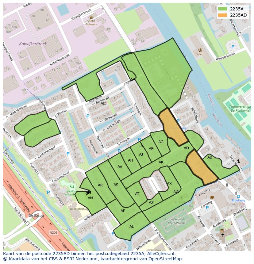 Afbeelding van het postcodegebied 2235 AD op de kaart.