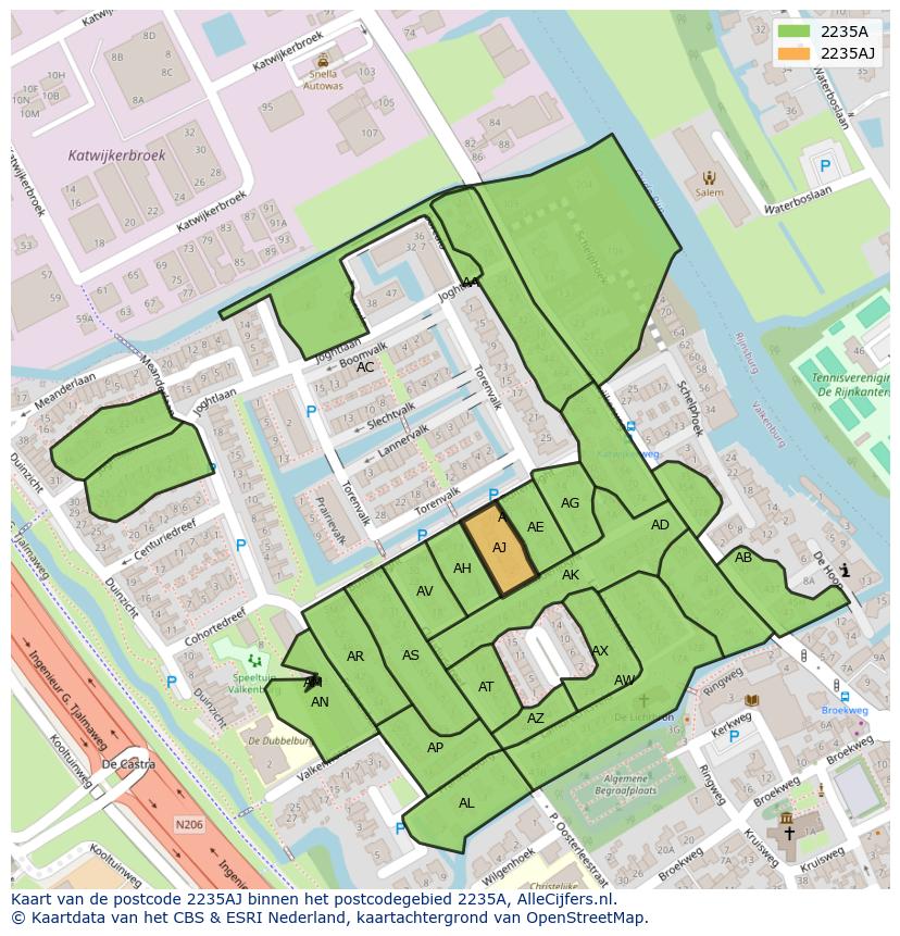 Afbeelding van het postcodegebied 2235 AJ op de kaart.