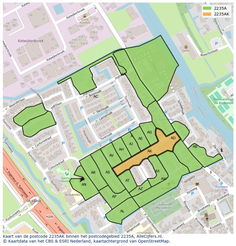 Afbeelding van het postcodegebied 2235 AK op de kaart.