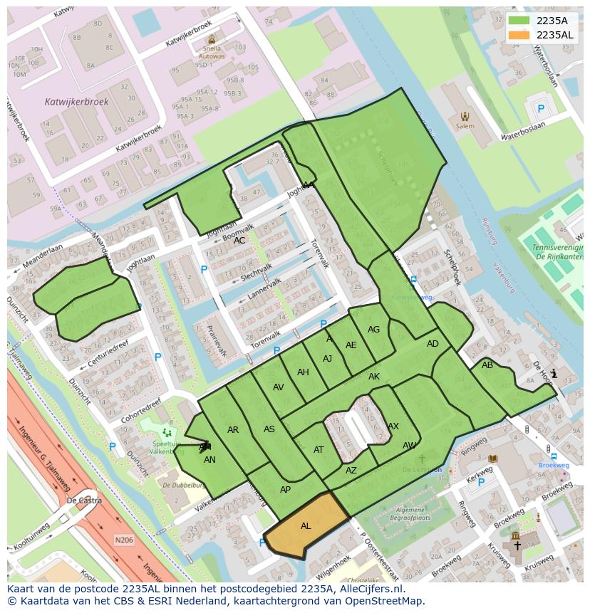 Afbeelding van het postcodegebied 2235 AL op de kaart.