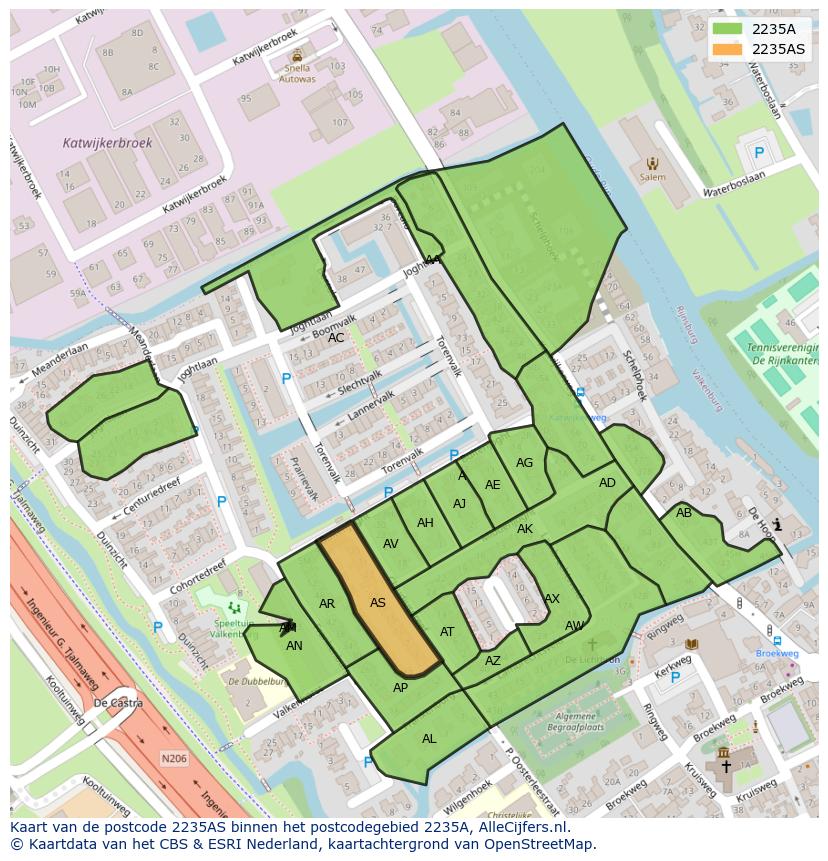 Afbeelding van het postcodegebied 2235 AS op de kaart.