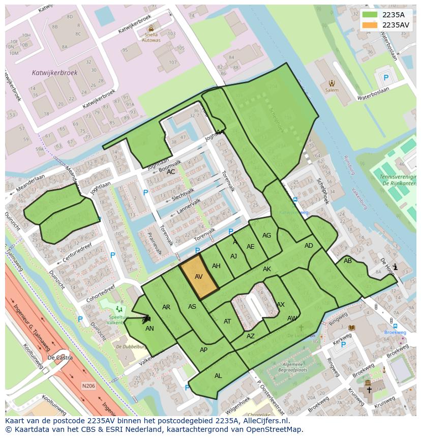 Afbeelding van het postcodegebied 2235 AV op de kaart.