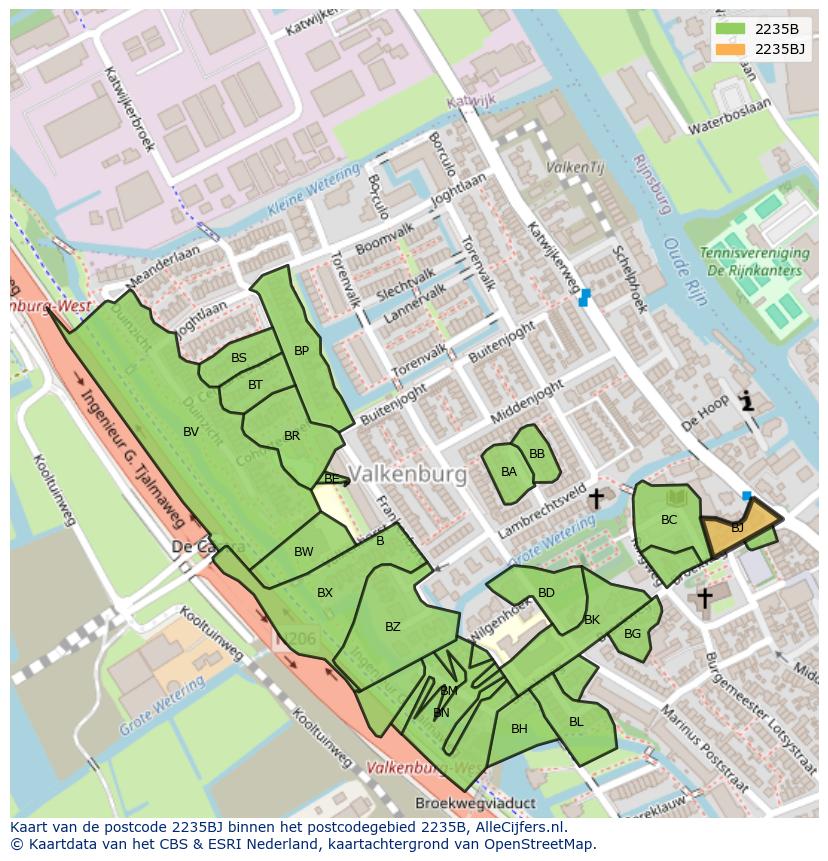 Afbeelding van het postcodegebied 2235 BJ op de kaart.