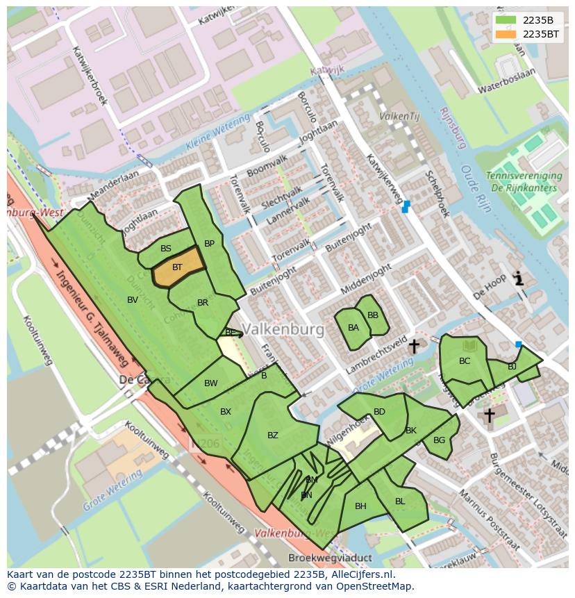 Afbeelding van het postcodegebied 2235 BT op de kaart.