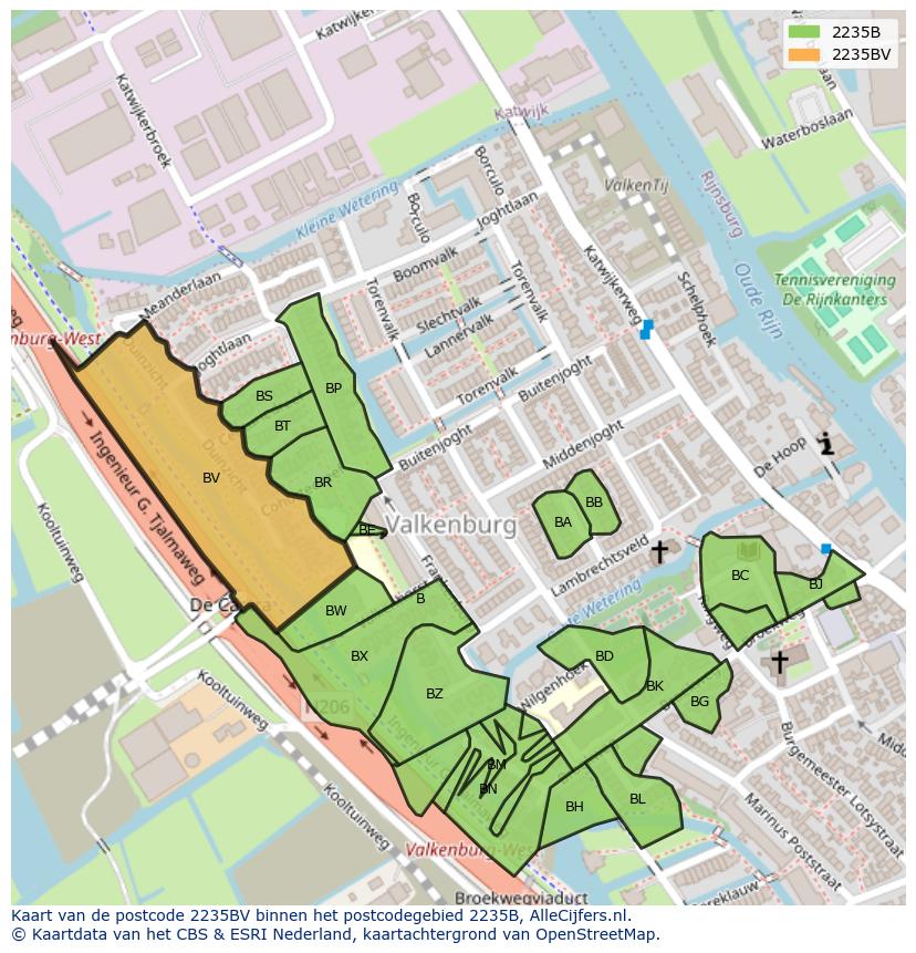 Afbeelding van het postcodegebied 2235 BV op de kaart.
