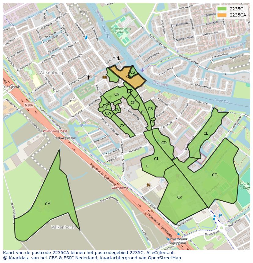 Afbeelding van het postcodegebied 2235 CA op de kaart.
