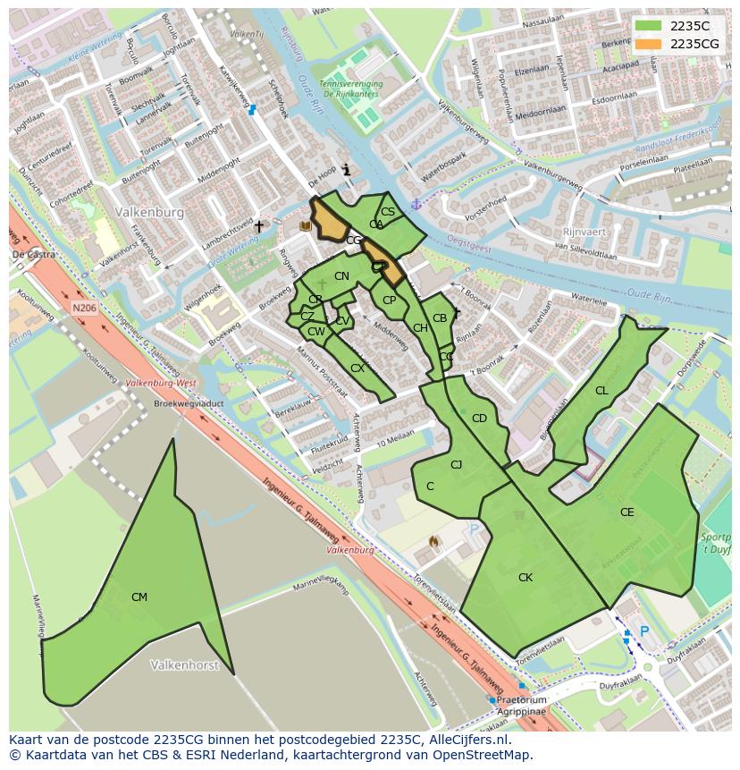 Afbeelding van het postcodegebied 2235 CG op de kaart.