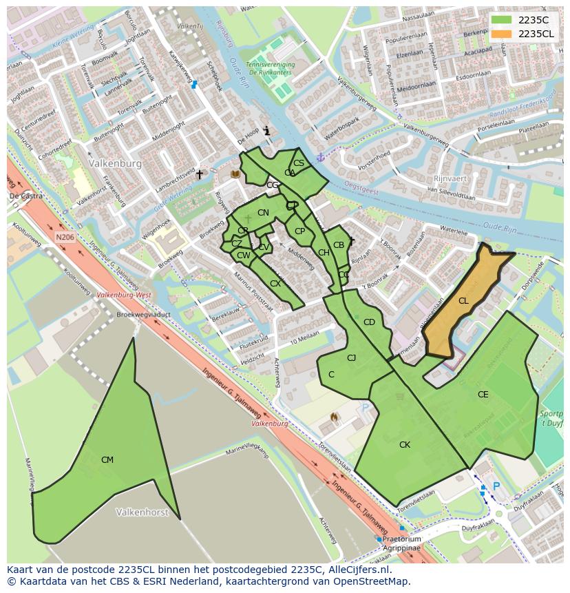Afbeelding van het postcodegebied 2235 CL op de kaart.