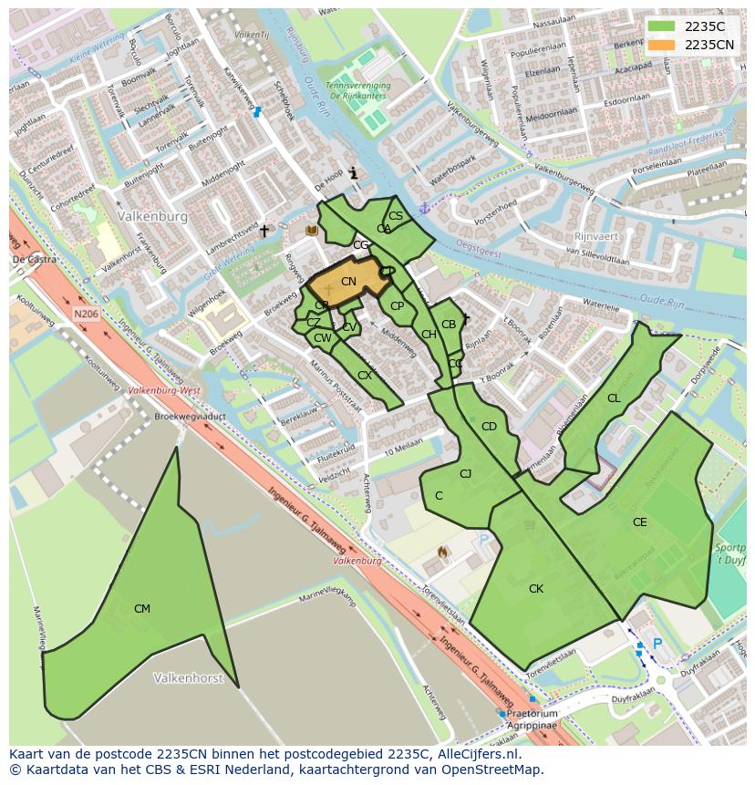 Afbeelding van het postcodegebied 2235 CN op de kaart.