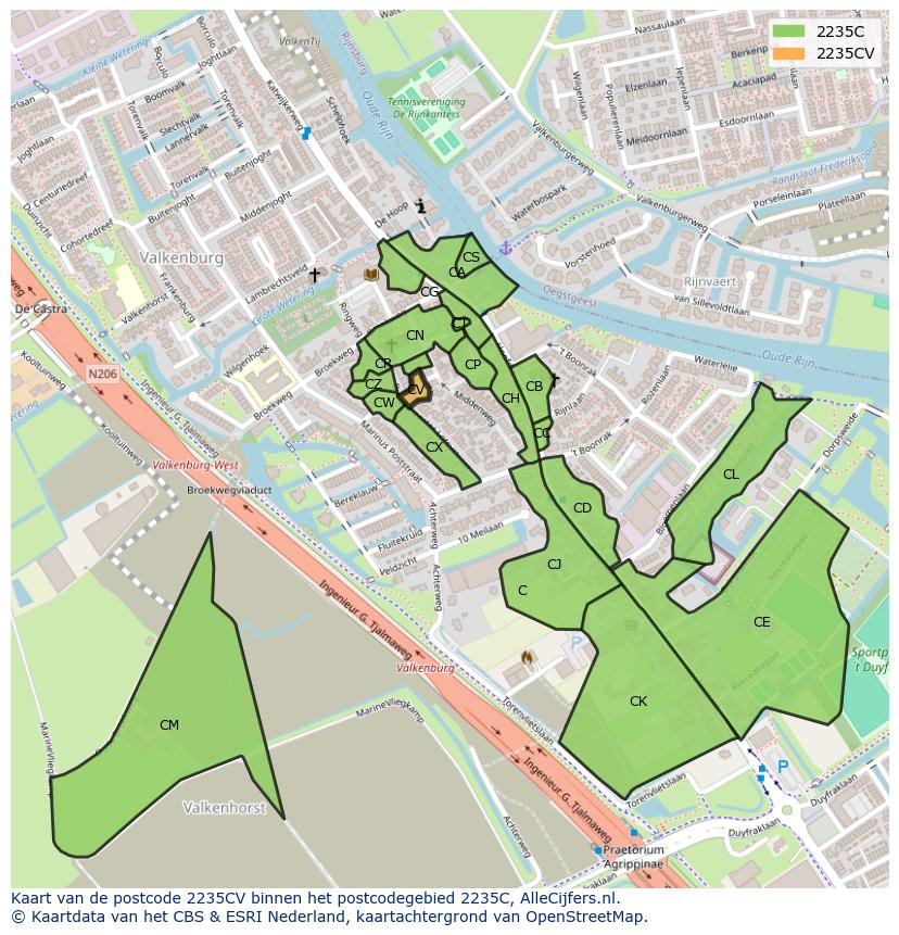 Afbeelding van het postcodegebied 2235 CV op de kaart.