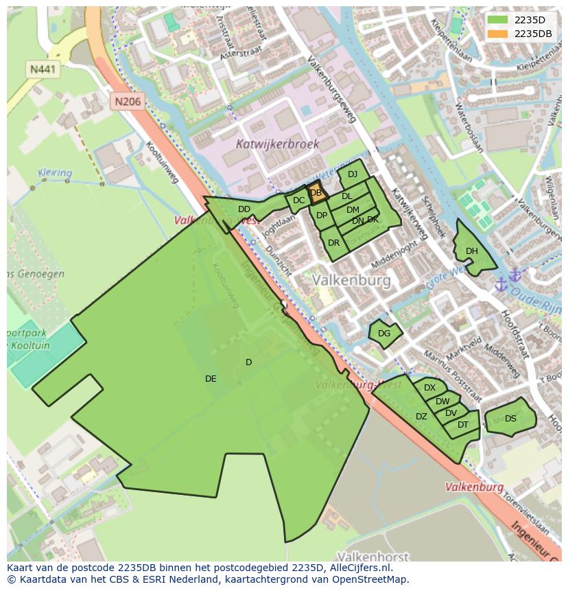 Afbeelding van het postcodegebied 2235 DB op de kaart.