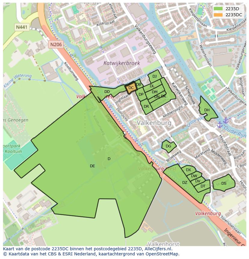 Afbeelding van het postcodegebied 2235 DC op de kaart.