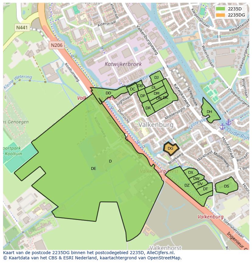 Afbeelding van het postcodegebied 2235 DG op de kaart.
