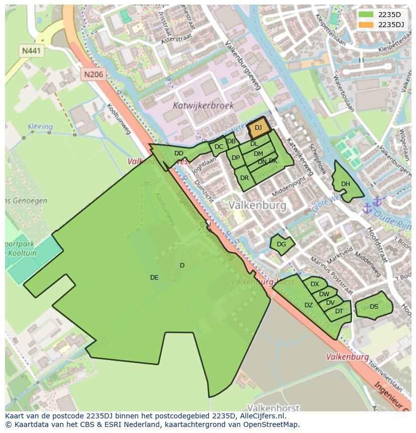 Afbeelding van het postcodegebied 2235 DJ op de kaart.