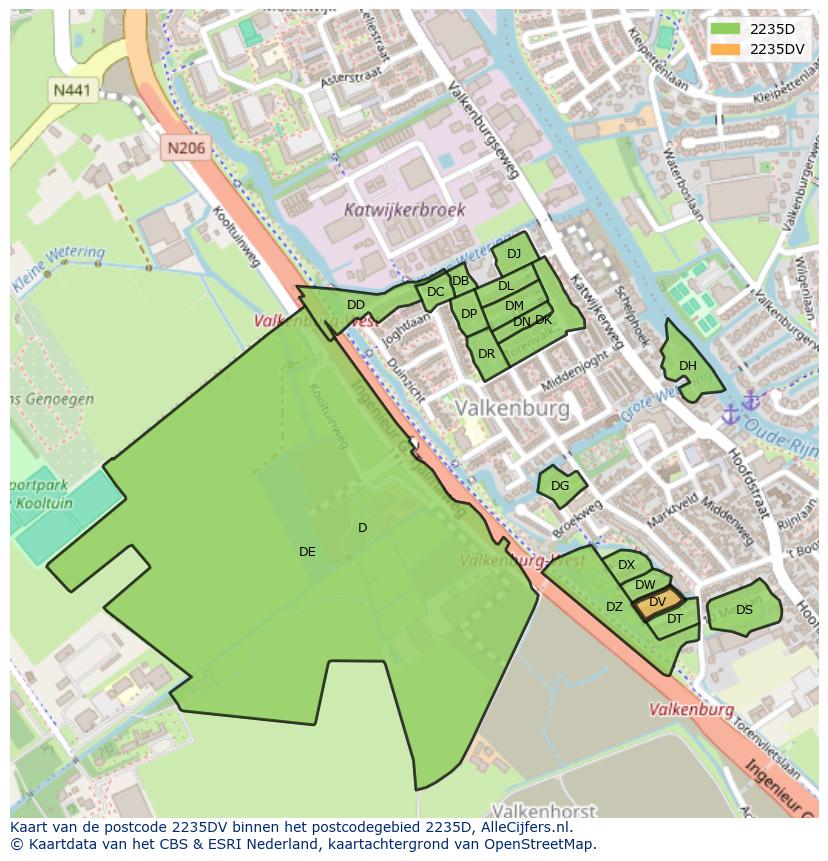 Afbeelding van het postcodegebied 2235 DV op de kaart.