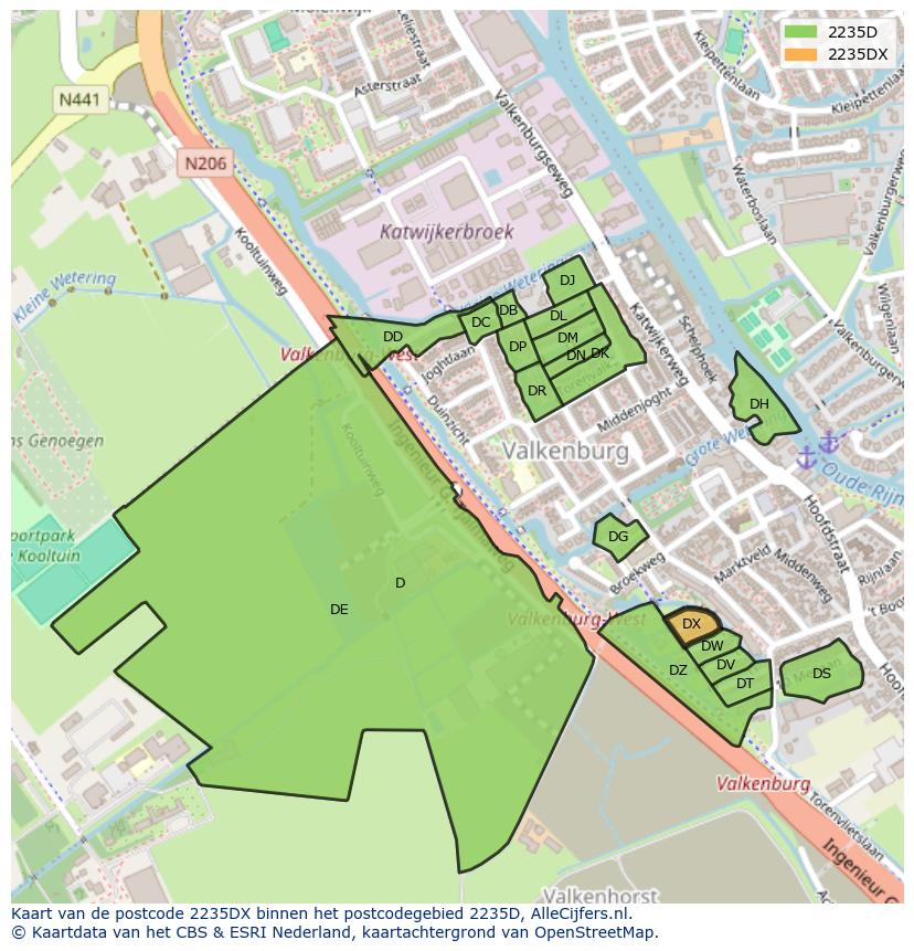 Afbeelding van het postcodegebied 2235 DX op de kaart.