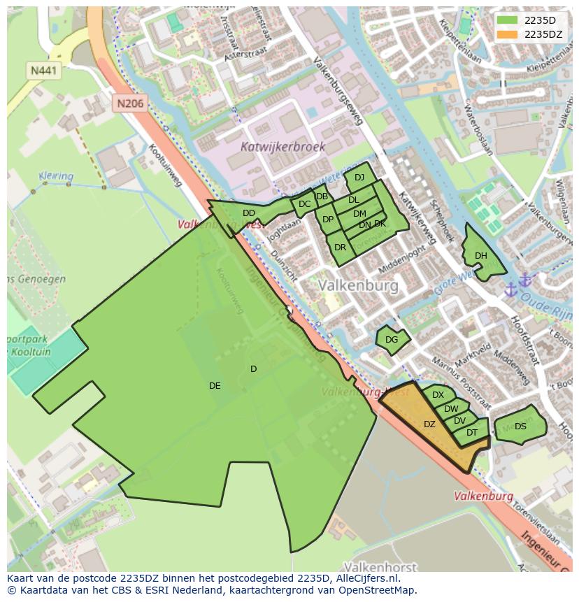 Afbeelding van het postcodegebied 2235 DZ op de kaart.