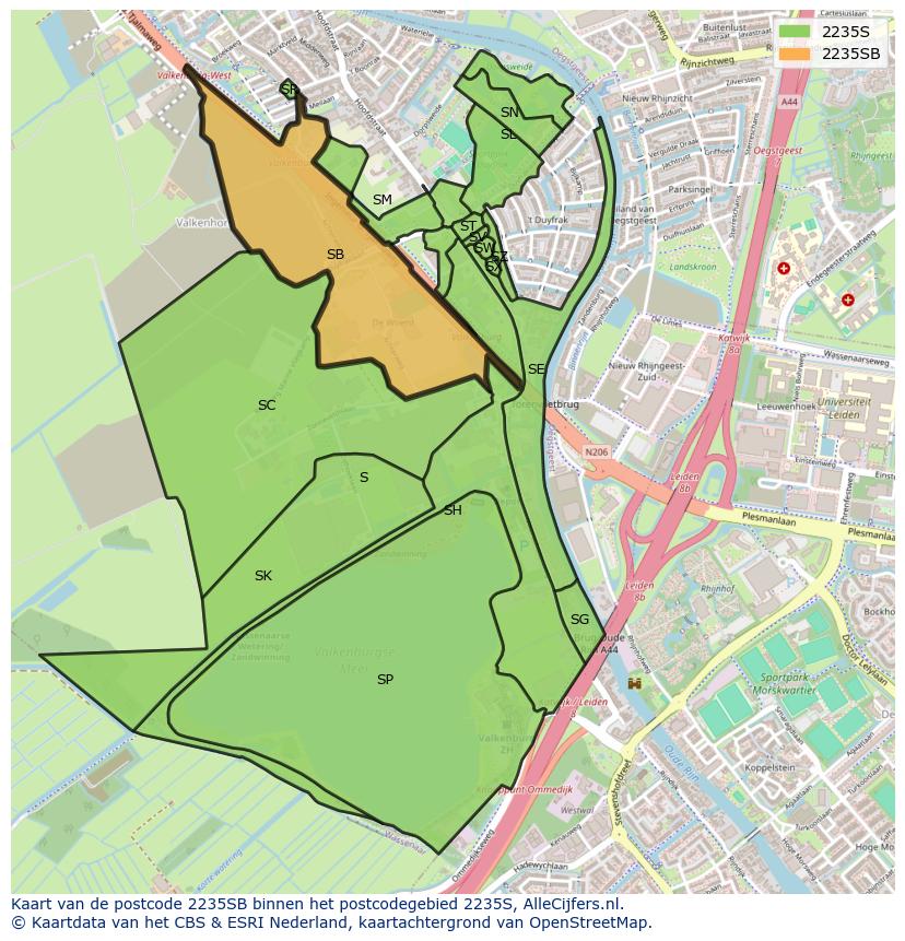 Afbeelding van het postcodegebied 2235 SB op de kaart.