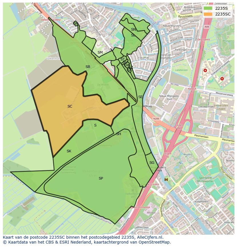 Afbeelding van het postcodegebied 2235 SC op de kaart.