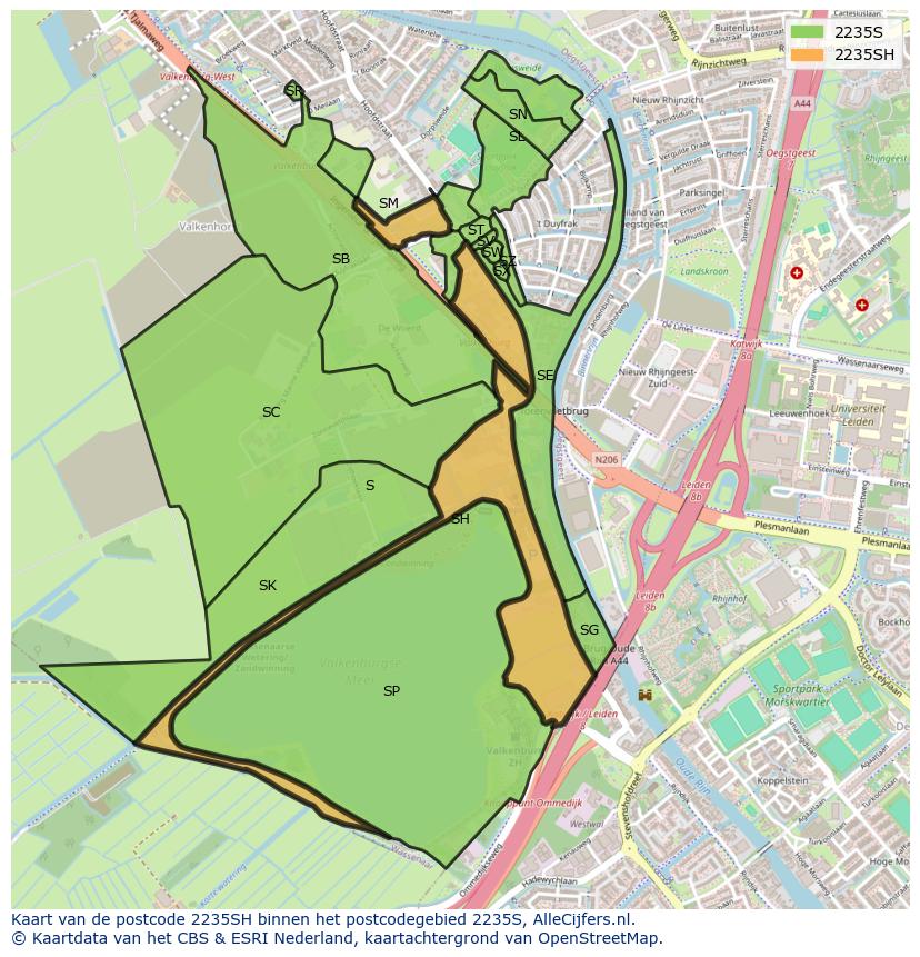 Afbeelding van het postcodegebied 2235 SH op de kaart.