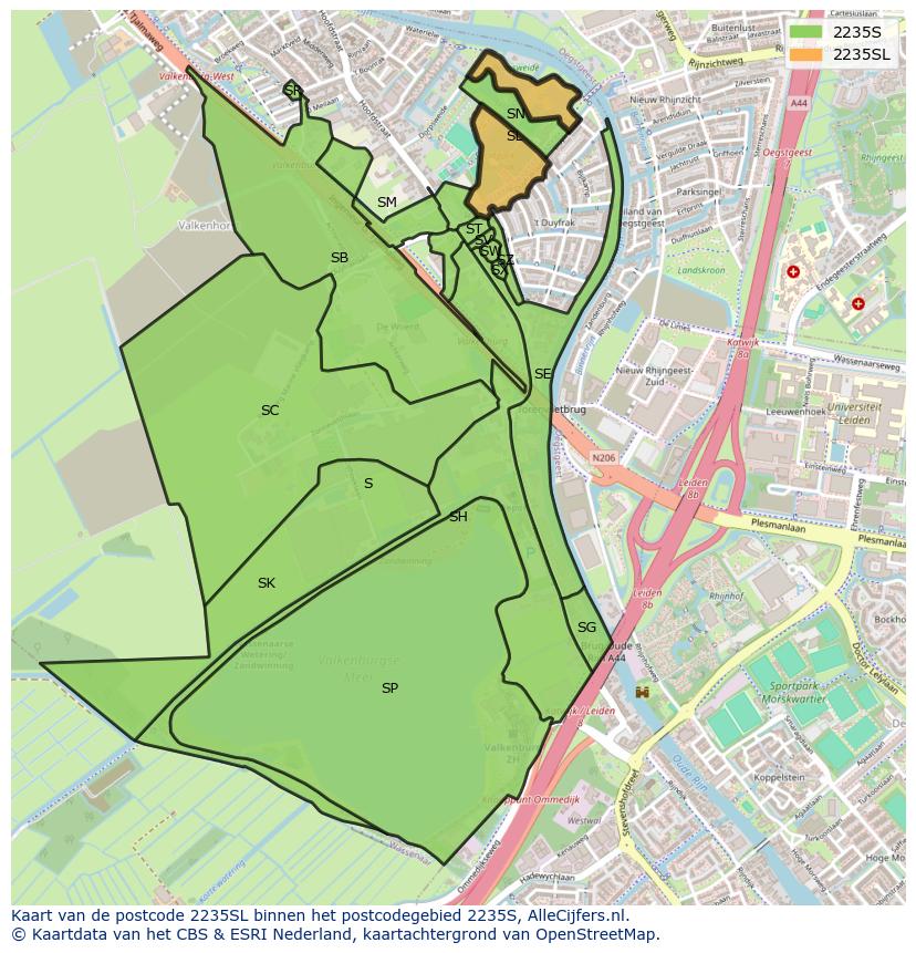 Afbeelding van het postcodegebied 2235 SL op de kaart.