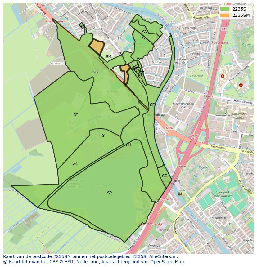 Afbeelding van het postcodegebied 2235 SM op de kaart.