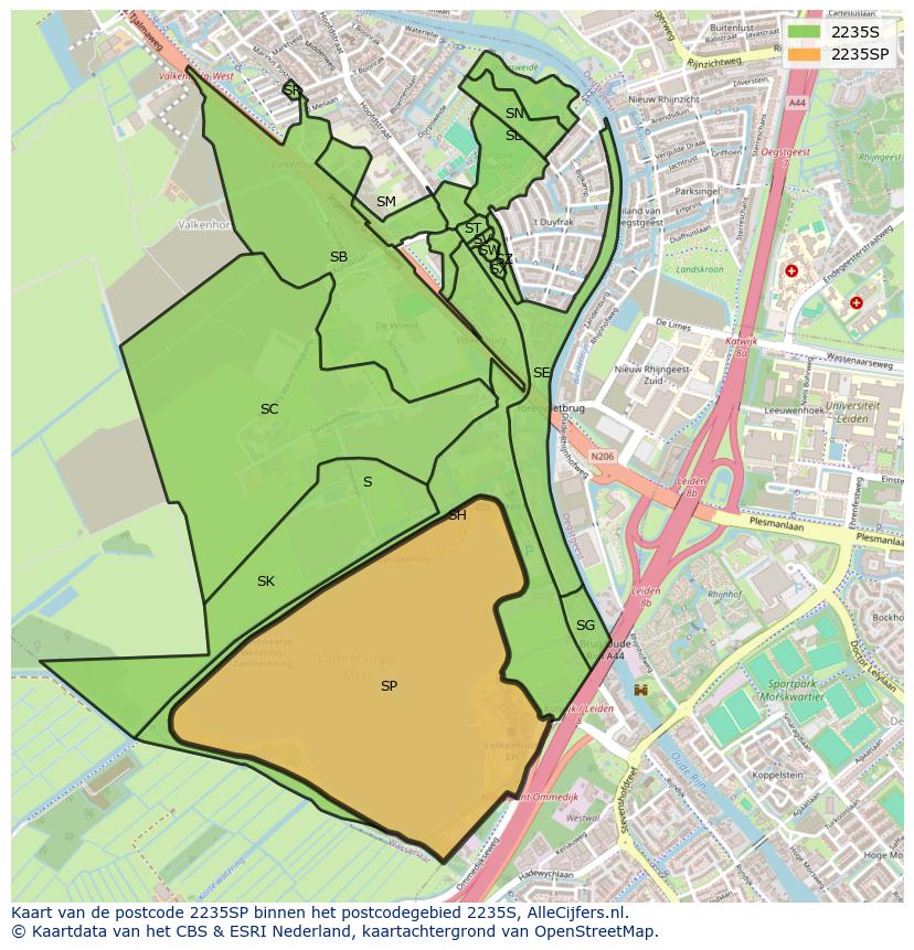 Afbeelding van het postcodegebied 2235 SP op de kaart.