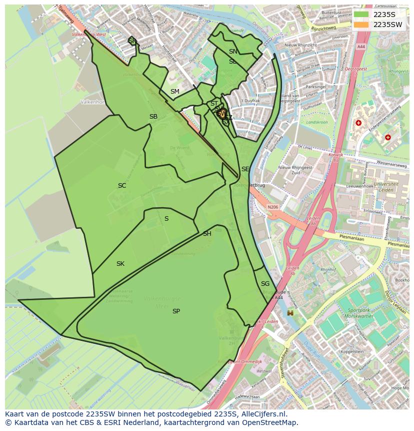 Afbeelding van het postcodegebied 2235 SW op de kaart.