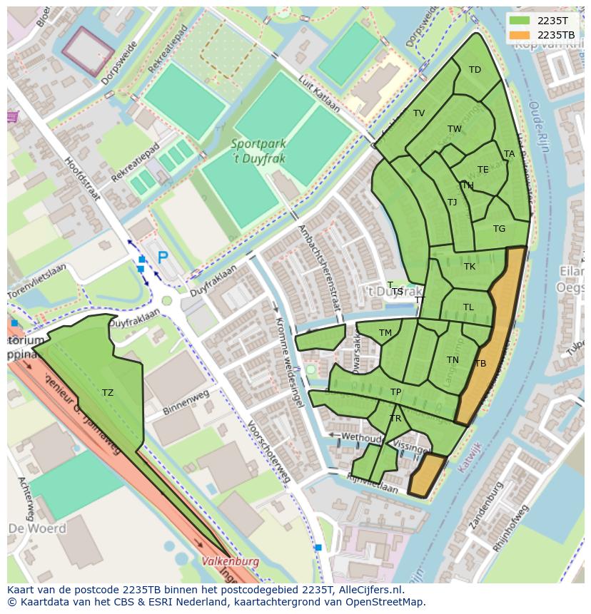 Afbeelding van het postcodegebied 2235 TB op de kaart.
