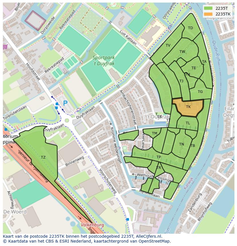 Afbeelding van het postcodegebied 2235 TK op de kaart.