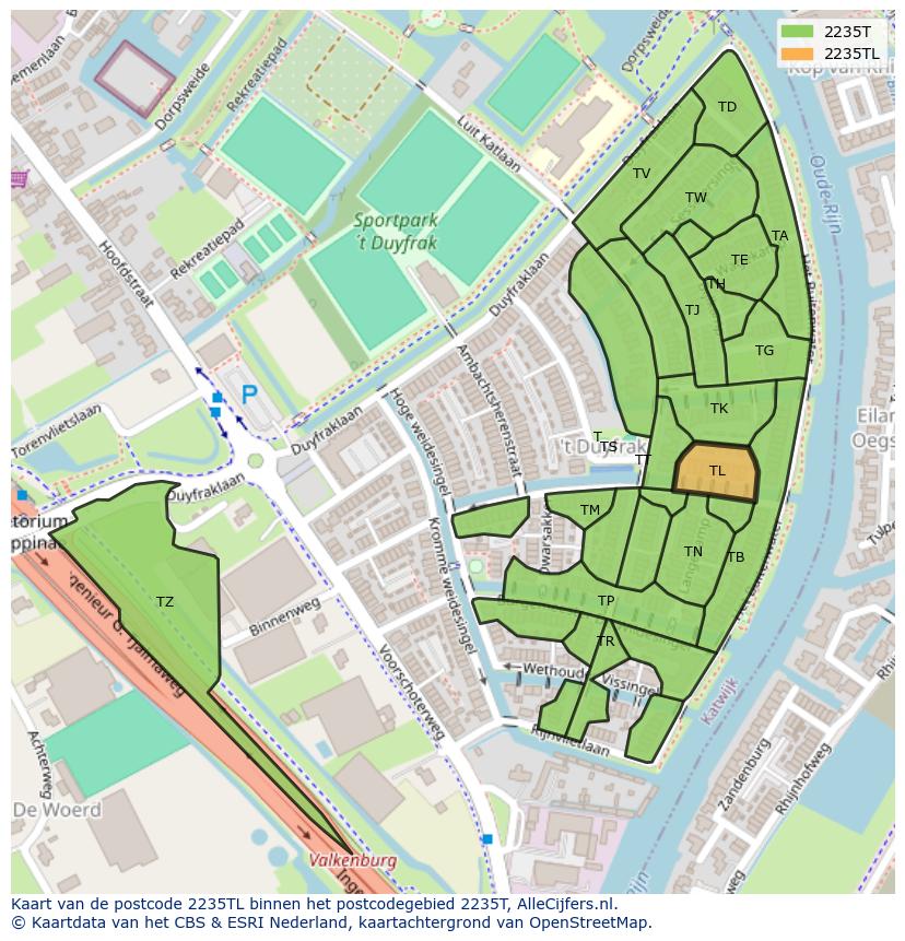 Afbeelding van het postcodegebied 2235 TL op de kaart.