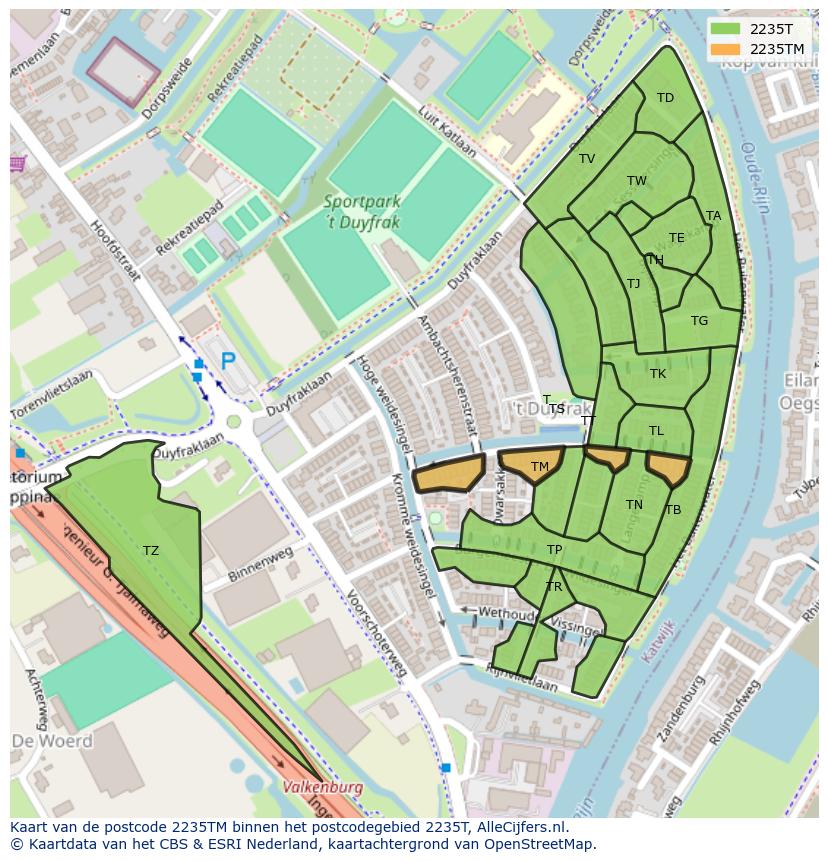 Afbeelding van het postcodegebied 2235 TM op de kaart.