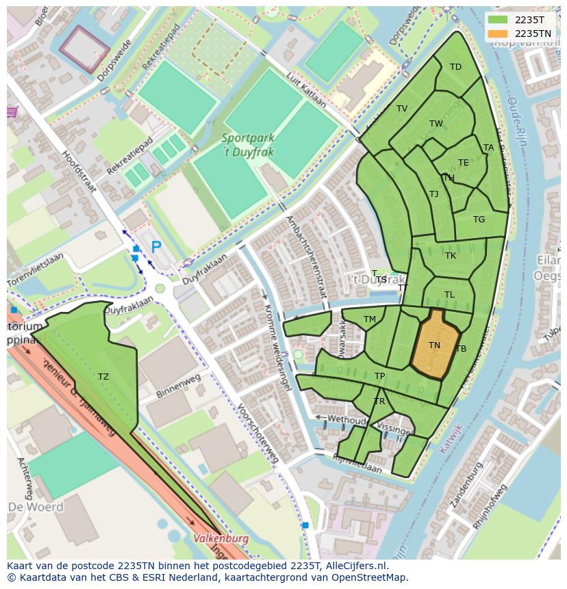 Afbeelding van het postcodegebied 2235 TN op de kaart.