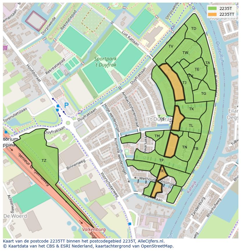 Afbeelding van het postcodegebied 2235 TT op de kaart.