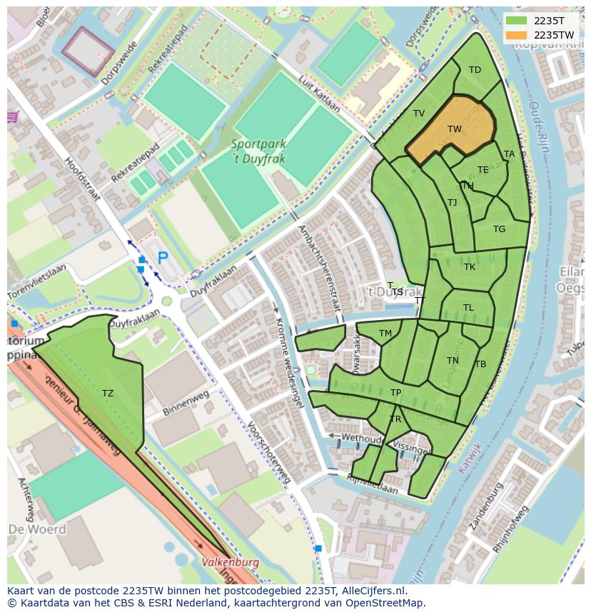 Afbeelding van het postcodegebied 2235 TW op de kaart.