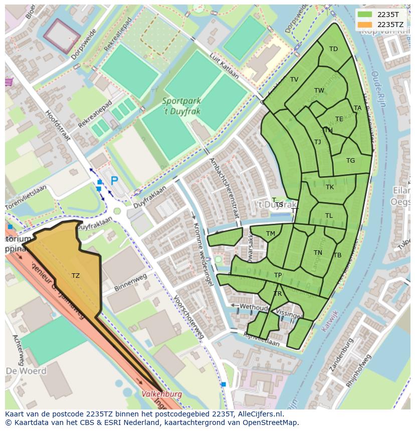 Afbeelding van het postcodegebied 2235 TZ op de kaart.