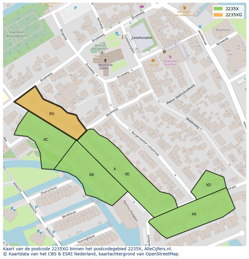 Afbeelding van het postcodegebied 2235 XG op de kaart.