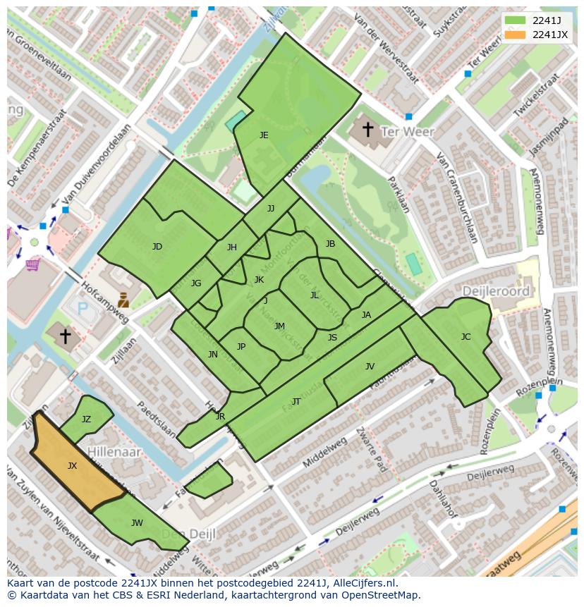 Afbeelding van het postcodegebied 2241 JX op de kaart.