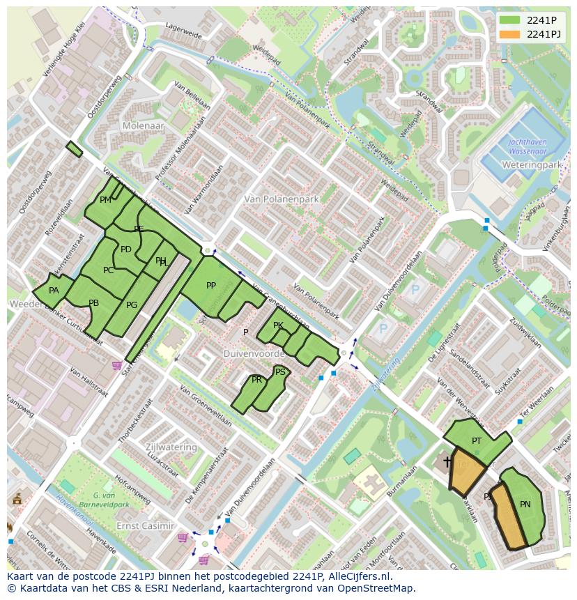 Afbeelding van het postcodegebied 2241 PJ op de kaart.