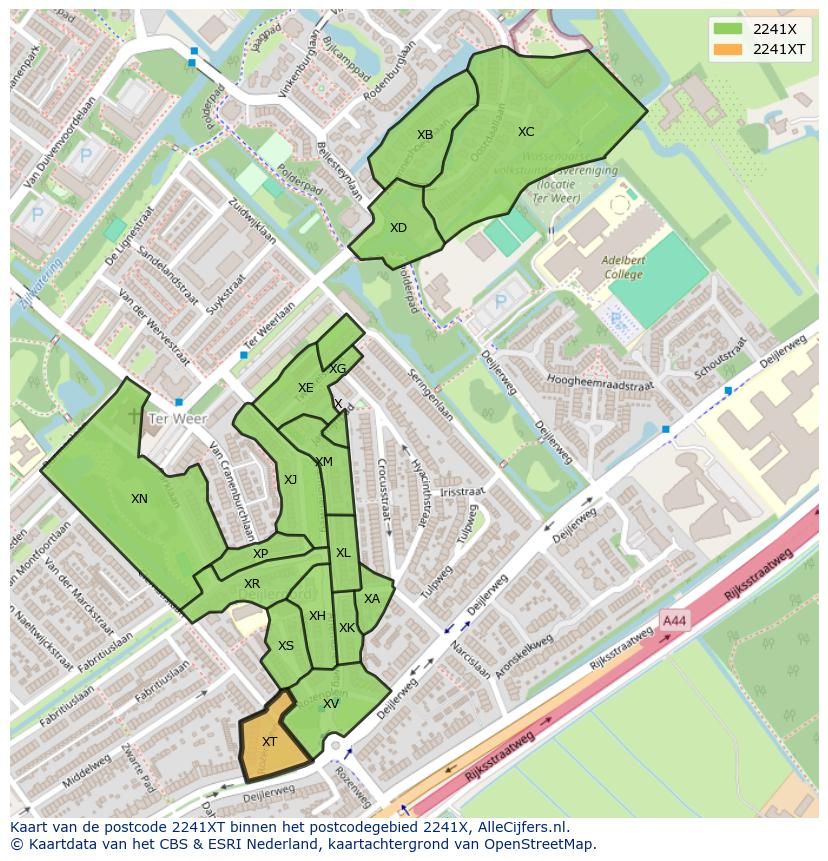 Afbeelding van het postcodegebied 2241 XT op de kaart.