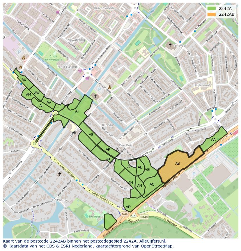 Afbeelding van het postcodegebied 2242 AB op de kaart.