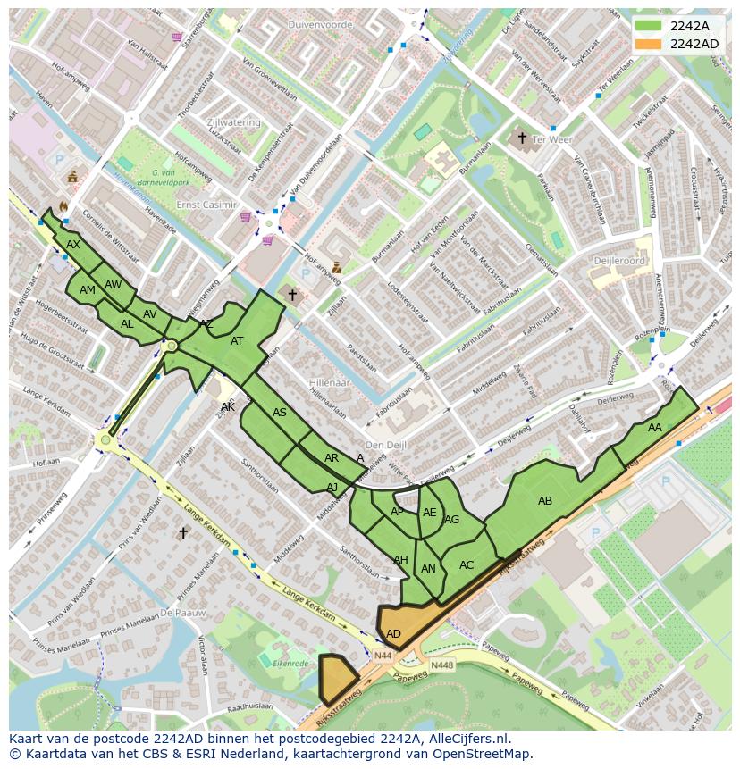 Afbeelding van het postcodegebied 2242 AD op de kaart.