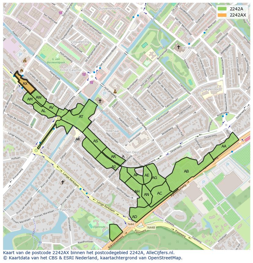 Afbeelding van het postcodegebied 2242 AX op de kaart.