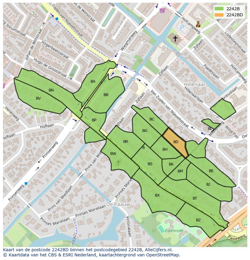Afbeelding van het postcodegebied 2242 BD op de kaart.