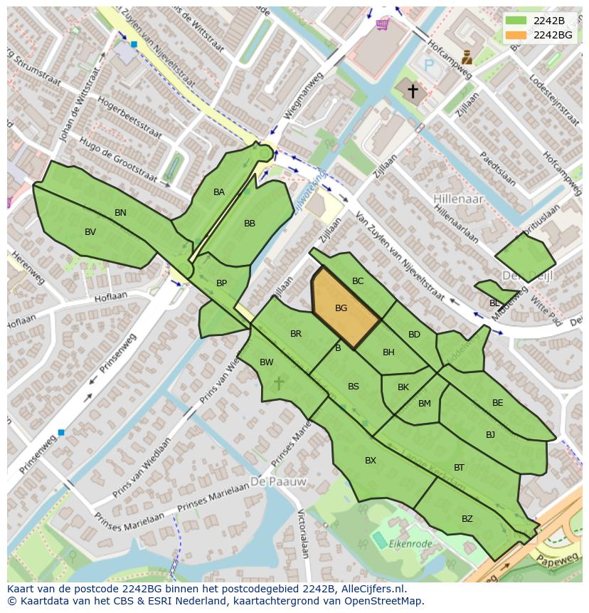 Afbeelding van het postcodegebied 2242 BG op de kaart.